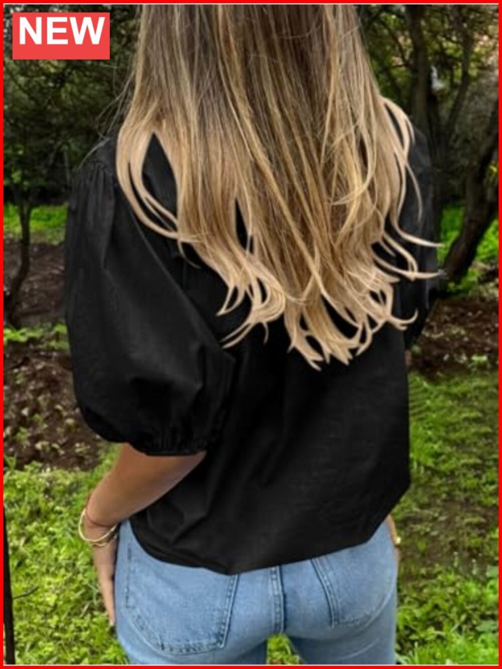 Women's Cotton Button Down Shirt with Puff Sleeves - Loose Fit Summer Top - Picture 4 of 6